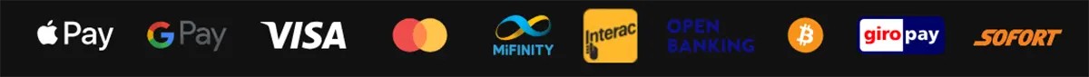 Payment methods banner showing Apple Pay, Google Pay, Visa, Mastercard, MiFinity, Interac, Open Banking, Bitcoin, giropay, and Sofort logos.