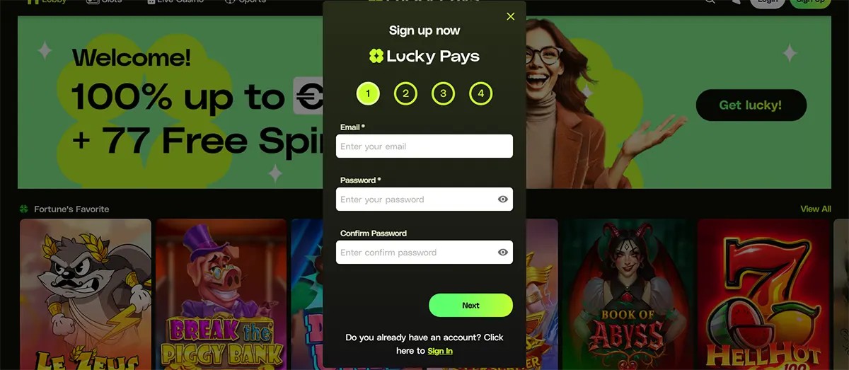 Lucky Pays casino homepage screenshot with a “Sign up now” registration pop-up (email and password fields) over a welcome bonus banner offering 100% up to € and 77 free spins, with slot game thumbnails below.